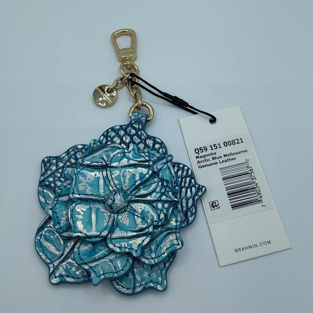 BRAHMIN 3D Magnolia Leather Keychain Charm Arctic Blue Melbourne New With Tags